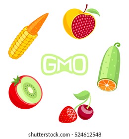 Strange hybrids of fruits and vegetables around original logo like an ironic symbol of GMO on a white background. Corn, carrot, apple, pomegranate, strawberry, cherry, tomato, kiwi, cucumber, orange.