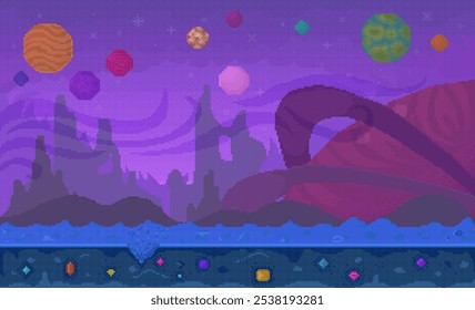 Extraño paisaje con planetas coloridos y montañas misteriosas bajo un cielo púrpura. Ideal para temas de exploración espacial mundo extraterrestre ciencia ficción fantasía y aventura pixel art style