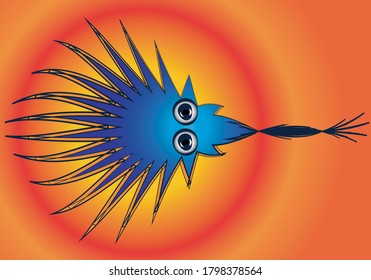 
A strange little blue being with bulging eyes on red gradient background
