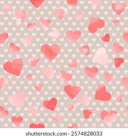 strange love. small standard heart shapes vs different hearts. valentine card. pink, gray repetitive background. vector seamless pattern. fabric swatch. wrapping paper. textile template. greeting card