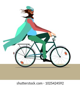 a strange man in a coat rides a bicycle