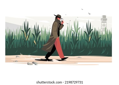 Strange man in coat walk past corn fields vector illustration. Person fire cigar flat style. Farm agricultural landscape, natural concept