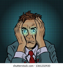 a strange man with glowing eyes. the fantastic mysticism parapsychology. Pop art retro vector illustration vintage kitsch 50s 60s