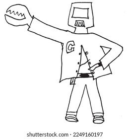 El hombre extraño usa una pequeña capa, mano de cangrejo y un casco espacial
