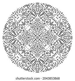 Mandala extraña en un fondo blanco. Criaturas inusuales con brazos largos, ojos, animales alienígenas. Dibujo de estilo Doodle. Borde negro. Dibujo aislado decorativo.