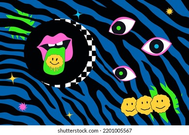 A strange mouth with tongue and an arch on a zebra background. Trippy psychedelic illustration.