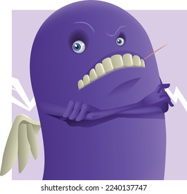 strange purple creature with angry face