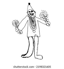 Strange Santa Claus drawing of marker pen in childlike freehand scribble art style. Perfect for greeting card, gift packaging. Funny hand drawn sketch for celebration of happy new year. 
