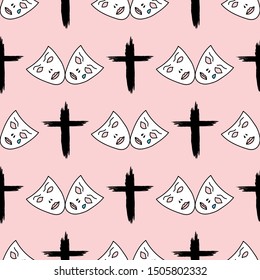 Strange seamless pattern with crosses and sad masks drawn by hand. Sketch, grunge, paint. Fancy vector illustration.