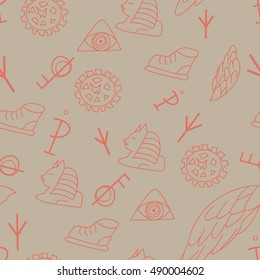 Strange seamless pattern with a pyramid with the eye, the Sphinx, shoe, wings, chicken feet, and a key cog. Urban, sporty and youth motif on the grey background.