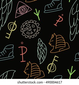 Strange seamless pattern with a pyramid with the eye, the Sphinx, shoe, wings, chicken feet, and a key cog. Urban, sporty and youth motif.