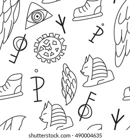 Strange seamless pattern with a pyramid with the eye, the Sphinx, shoe, wings, chicken feet, and a key cog. Urban, sporty and youth motif on the white background.