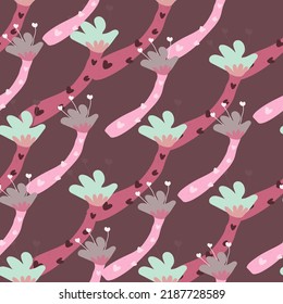 Las formas extrañas dan forma a un patrón sin costura. Plantas tropicales, papel de pared sin fin. Ornamento botánico floral contemporáneo. Diseño sencillo para tela, imprenta textil, papel envolvente, cubierta. Ilustración del vector