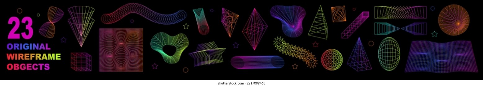 Strange shapes and frames. A set of abstract, futuristic objects for the design of psychedelic posters. Wireframes, modern design inspired by brutalism, abstract vector set posters, cover. Vector.