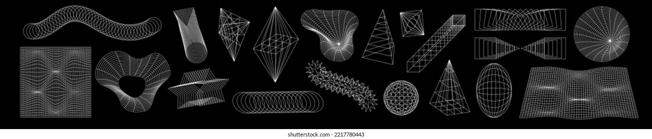 Strange shapes and frames. A set of abstract, futuristic objects for the design of psychedelic posters. Wireframes, modern design inspired by brutalism, abstract vector set posters, cover. Vector.