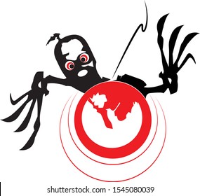 Strange skull cartoon. Black silhouette. Vector drawing. Isolated object on a white background.