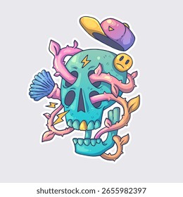 Una extraña calavera con una vid. Caricatura de Vector. Estilo de moda. Ilustración vectorial.