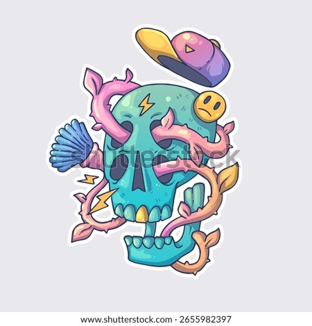 a strange skull with a vine. Cartoon vector character. Trendy style. Vector illustration.