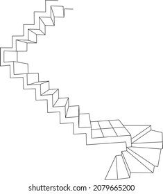 Strange Staircase Steps Up And Down. Frontal Perspective. Line Drawing. Vector Illustration.