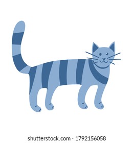 Strange striped cat in Doodle style. The pet stands on all fours. Animal. A simple, cute hand-drawn drawing. Isolated on a white background. Color vector illustration