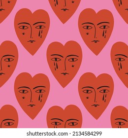 Strange ugly hearts with faces. Vector clipart Valentine seamless pattern. Red and pink. EPS and JPG illustration. Funky doodle trendy print, colorful handdrawn childish cartoon art. Groovy fauve