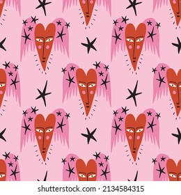 Strange ugly hearts with faces. Vector clipart Valentine seamless pattern. Red and pink. EPS and JPG illustration. Funky doodle trendy print, colorful handdrawn childish cartoon art. Groovy fauve