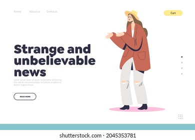 Strange and unbelievable news concept of landing page with shocked and surprised young woman astonished amazed with open mouth. Shock or surprise emotional reaction. Cartoon flat vector illustration