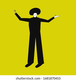 strange, unusual man painted in a caricature flat style, in yellow-black colors, waving his hands