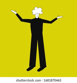 strange, unusual man painted in a caricature flat style, in yellow-black colors, waving his hands
