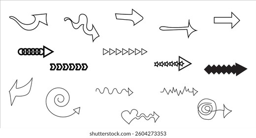 Strange Vector arrow icon set with different styles, including curved, straight, dotted, and 3D arrows. Perfect for navigation, infographics, web design, and business presentations. 