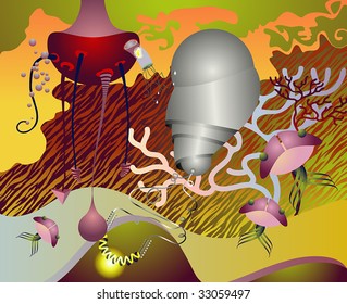 a strange vehicle in an otherworldly environment