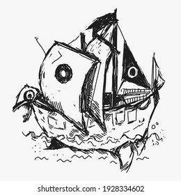 Strange vintage boat. Digitally drawn illustration. Graphic style. Can be used as tattoo, print or background. 