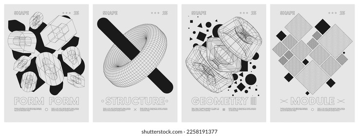 Marcos extraños activos gráficos extraordinarios de formas geométricas diseño moderno inspirado en el brutalismo, figuras geométricas arte contemporáneo, afiches abstractos de conjuntos vectoriales monocromáticos