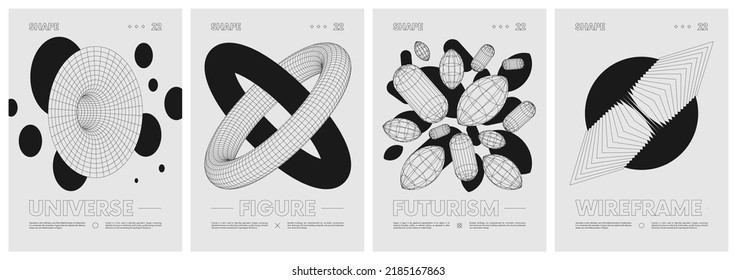 Strange wireframes of geometrical shapes and black geometric figures, modern design inspired by brutalism, contemporary artwork, abstract monochrome design vector set posters, cover, invitation - Shutterstock ID 2185167863