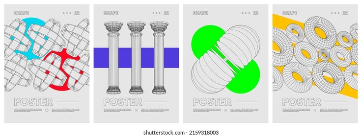 Strange wireframes of geometrical shapes and colored geometric figures, contemporary composition artwork, modern design inspired by brutalism, abstract vector set posters, banners