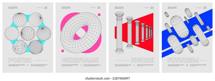 Strange wireframes of geometrical shapes and colored geometric figures, contemporary composition artwork, abstract vector set posters, modern design inspired by brutalism, banners