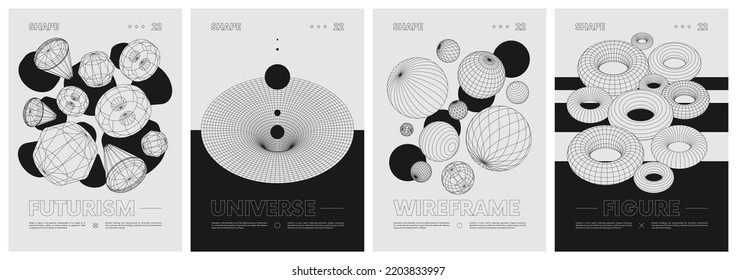Strange wireframes of geometrical shapes modern design inspired by brutalism, geometric figures contemporary artwork, abstract monochrome vector set posters, cover, invitation