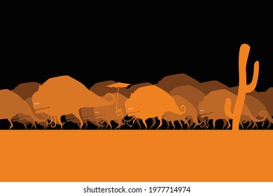 Strange worlds. A herd of bizarre monsters migrates to the north. Vector image for prints, poster and illustrations.
