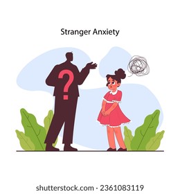 Stranger anxiety. Distressed girl experience fear and insecurity in front of a stranger. Unfamiliar person danger. Flat vector illustration