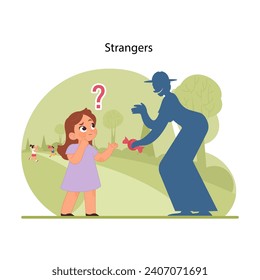 Stranger danger awareness. Little girl confused and hesitating, approached by stranger offering candy, kids playing in background. Vital moment teaching about stranger safety. Flat vector illustration