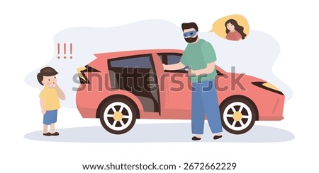 Stranger lures child into car. Keep away from strangers - Rule. Kidnapper Character Entices Child. Teach kids to never accept gifts, not talking, rides with unfamiliar individuals. vector illustration