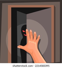 Stranger Sillhouette Behind Door Room Scene Cartoon Illustration Vector