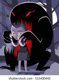 stranger teen girl in the woods and monster black creature