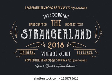 Strangerland. Original handmade alphabet. Vintage font design and poster. Custom typeface. Clean and Textured Versions Included. Vector.