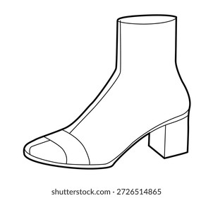 Strap block heel boot mulheres de linha única par. Detalhe de fivela com salto empilhado para tempo frio, estética moderna. Ilustração de moda técnica CAD mockup vetor homens unisex estilo clássico isolado
