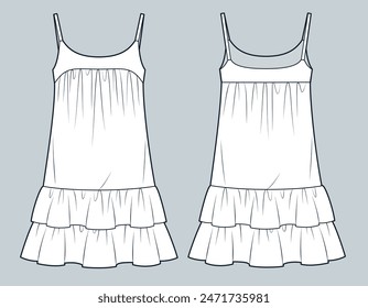 Ilustración técnica de moda de vestido de correa. Plantilla de dibujo técnico plano de moda con volantes, mini longitud, ajuste relajado, vista frontal y posterior, blanco, mujeres Vestidos Maqueta CAD.