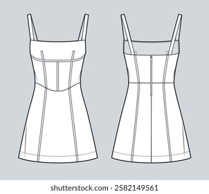 Strap Dress technical fashion Illustration. Corset Dress fashion flat technical drawing template, back zipper, mini length, slim fit, front and back view, white, women CAD mockup.