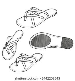 Strap flat open toe sandals vector illustration. Flip-flop sandals. Front, top and bottom view isolated on a white background.