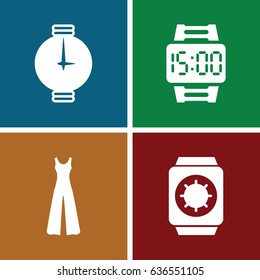 Strap icons set. set of 4 strap filled icons such as jumpsuit, wrist watch, wrist dial watch