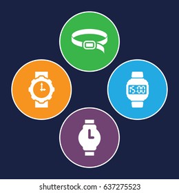 Strap icons set. set of 4 strap filled icons such as belt, wrist watch, wrist watch for woman